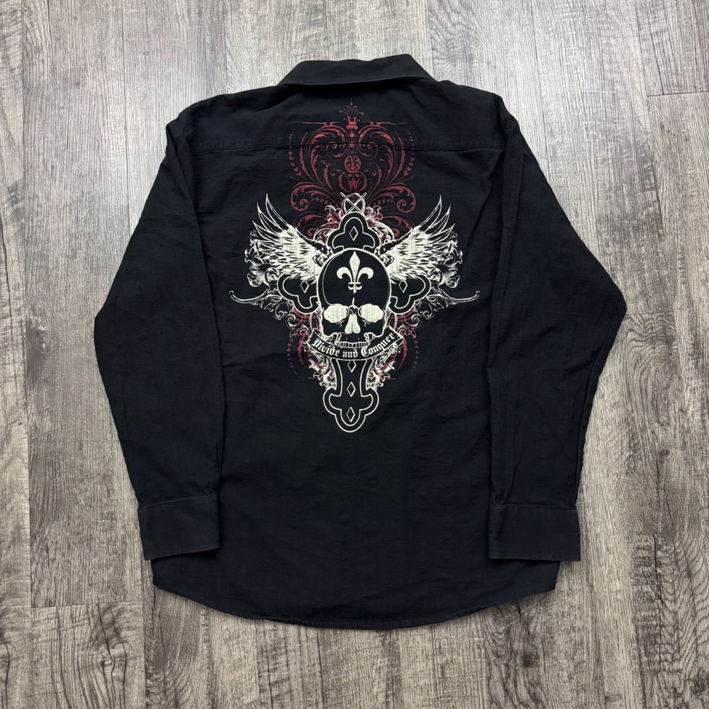 Y2K Eighty Eight Grunge Goth Emo Skull Cross Wings Button Shirt XL*